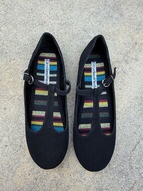 Cityclassified Black T-Strap Mary Jane Flats with Striped Insole